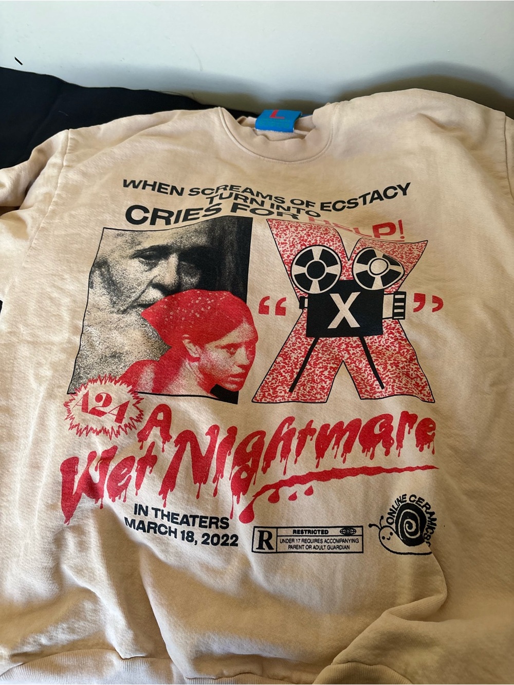 Cream Graphic 'Wet Nightmare' Movie Sweatshirt with Red & Black Print